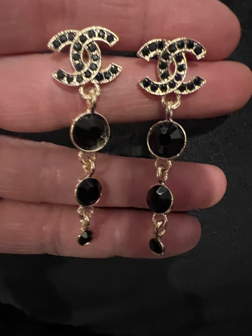 CHANEL Gold-Tone Black Crystal Drop CC Logo Earrings